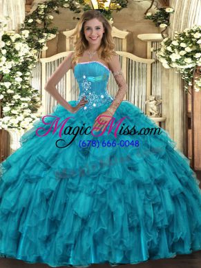 Clearance Strapless Sleeveless Lace Up Sweet 16 Dress Teal Organza