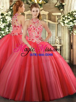 Embroidery Quinceanera Dresses Coral Red Lace Up Sleeveless Floor Length