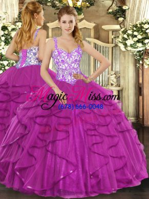 Best Floor Length Lace Up Ball Gown Prom Dress Fuchsia for Sweet 16 and Quinceanera with Beading and Appliques and Ruffles