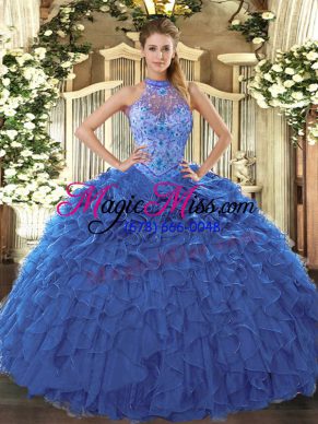 Fabulous Halter Top Sleeveless Organza Quinceanera Dresses Beading and Embroidery and Ruffles Lace Up