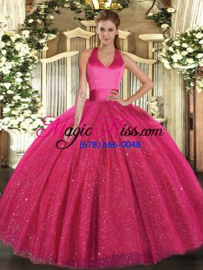 Adorable Ball Gowns Quinceanera Gown Hot Pink Halter Top Tulle Sleeveless Floor Length Lace Up