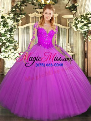 Fuchsia Ball Gowns Lace Quince Ball Gowns Lace Up Tulle Long Sleeves Floor Length