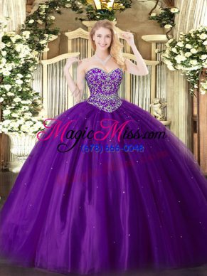 Fantastic Purple Tulle Lace Up 15th Birthday Dress Sleeveless Floor Length Beading