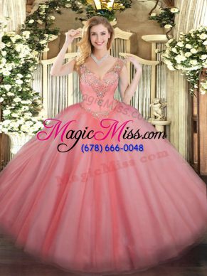 Sumptuous Watermelon Red V-neck Lace Up Beading Sweet 16 Dress Sleeveless