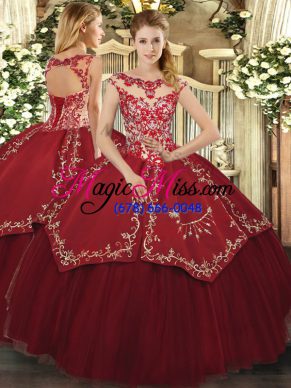 Latest Wine Red Scoop Neckline Beading and Appliques and Embroidery 15 Quinceanera Dress Cap Sleeves Lace Up