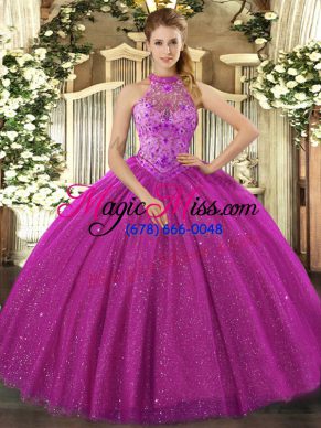 Floor Length Lace Up Quinceanera Gowns Fuchsia for Sweet 16 and Quinceanera with Beading and Embroidery