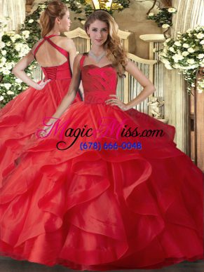 Red Sweet 16 Dress Military Ball and Sweet 16 and Quinceanera with Ruffles Halter Top Sleeveless Lace Up