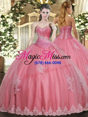 Dynamic Tulle Sweetheart Sleeveless Lace Up Beading and Appliques Quinceanera Dresses in Watermelon Red