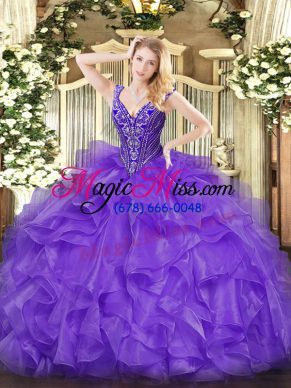 Fitting Lavender Ball Gowns Organza V-neck Sleeveless Beading and Ruffles Floor Length Lace Up Ball Gown Prom Dress