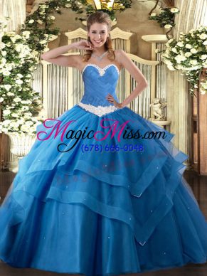 Vintage Floor Length Baby Blue Quinceanera Dress Tulle Sleeveless Appliques and Ruffled Layers