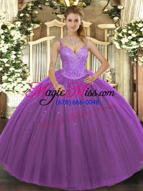 Pretty Beading Quinceanera Gowns Purple Lace Up Sleeveless Floor Length
