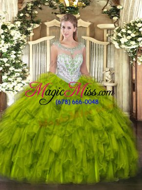 Attractive Olive Green Ball Gowns Tulle Scoop Sleeveless Beading and Ruffles Floor Length Zipper Quinceanera Dresses