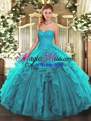 Teal Tulle Lace Up Quinceanera Dresses Sleeveless Floor Length Beading and Ruffles