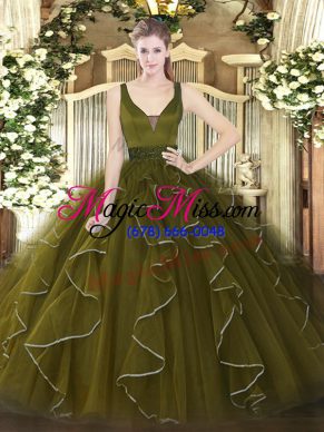 Colorful Floor Length Olive Green Ball Gown Prom Dress Tulle Sleeveless Beading and Ruffles