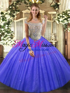 Stylish Ball Gowns Vestidos de Quinceanera Blue Off The Shoulder Tulle and Sequined Sleeveless Floor Length Lace Up