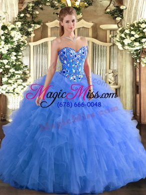 Custom Fit Floor Length Blue Sweet 16 Dresses Sweetheart Sleeveless Lace Up