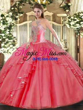 Coral Red Lace Up Sweetheart Beading and Ruffles Ball Gown Prom Dress Tulle Sleeveless