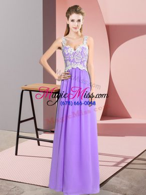 Edgy Empire Dress for Prom Lavender V-neck Chiffon Sleeveless Floor Length Zipper