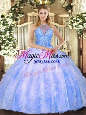 Sumptuous Floor Length Lace Up Sweet 16 Quinceanera Dress Blue for Military Ball and Sweet 16 and Quinceanera with Beading and Ruffles