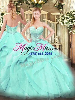 Sumptuous Aqua Blue Lace Up Sweetheart Beading and Ruffles Quince Ball Gowns Tulle Sleeveless