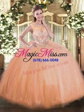 Peach Sleeveless Tulle Lace Up Quinceanera Gown for Sweet 16 and Quinceanera