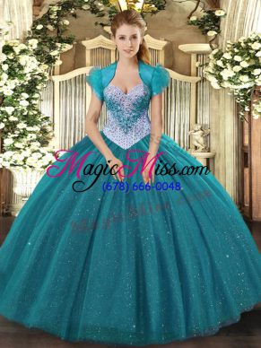 Teal Ball Gowns Tulle Sweetheart Sleeveless Beading and Sequins Floor Length Lace Up Sweet 16 Quinceanera Dress