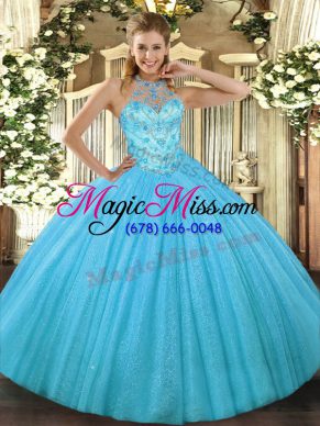 Designer Sleeveless Floor Length Beading and Embroidery Lace Up 15th Birthday Dress with Aqua Blue