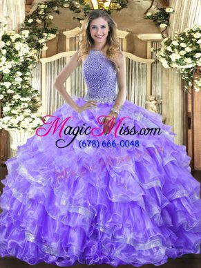 Fashion Lavender Sweet 16 Dress Military Ball and Sweet 16 and Quinceanera with Beading and Ruffled Layers High-neck Sleeveless Lace Up