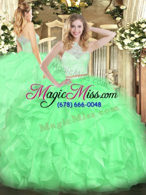Fantastic Lace and Ruffles 15th Birthday Dress Apple Green Zipper Sleeveless Floor Length