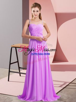 Lilac Chiffon Backless Prom Dresses Sleeveless Sweep Train Ruching