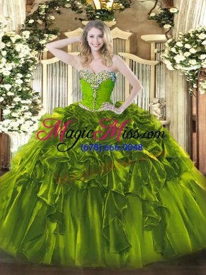 Olive Green Sweetheart Lace Up Beading and Ruffles Quinceanera Dress Sleeveless