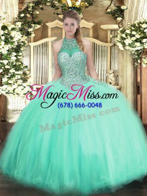 Apple Green Ball Gowns Beading Quince Ball Gowns Lace Up Tulle Sleeveless Floor Length