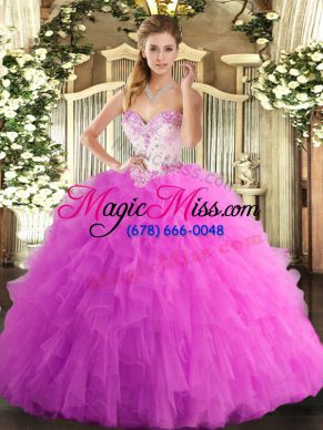 Rose Pink Ball Gowns Sweetheart Sleeveless Tulle Floor Length Lace Up Beading and Ruffles 15 Quinceanera Dress