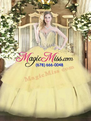 Custom Designed Gold Lace Up Ball Gown Prom Dress Beading and Ruffled Layers Sleeveless Floor Length