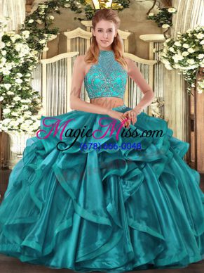 Elegant Organza Halter Top Sleeveless Criss Cross Beading and Ruffled Layers Quinceanera Gown in Turquoise