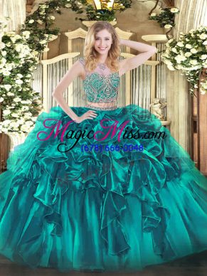 Teal Two Pieces Beading and Ruffles Sweet 16 Quinceanera Dress Lace Up Organza Sleeveless Floor Length