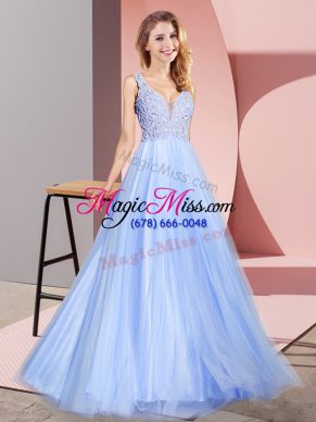 Vintage Light Blue Sleeveless Floor Length Lace Zipper Homecoming Dress