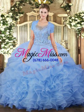 Fashionable Aqua Blue Sleeveless Floor Length Beading and Ruffled Layers Clasp Handle Quinceanera Dresses