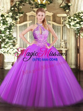 Purple Sleeveless Floor Length Sequins Lace Up 15 Quinceanera Dress