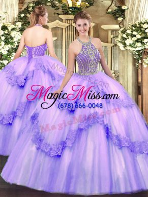 Fitting Lavender 15th Birthday Dress Military Ball and Sweet 16 and Quinceanera with Beading and Appliques Halter Top Sleeveless Lace Up