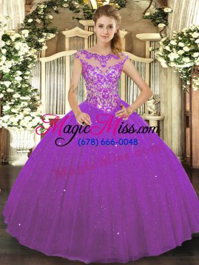 Customized Eggplant Purple Scoop Neckline Beading and Appliques Quinceanera Gowns Sleeveless Lace Up