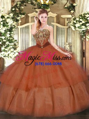 Charming Rust Red Ball Gowns Beading and Ruffled Layers Sweet 16 Dresses Lace Up Tulle Sleeveless Floor Length