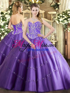 High Quality Floor Length Lavender 15th Birthday Dress Sweetheart Sleeveless Lace Up