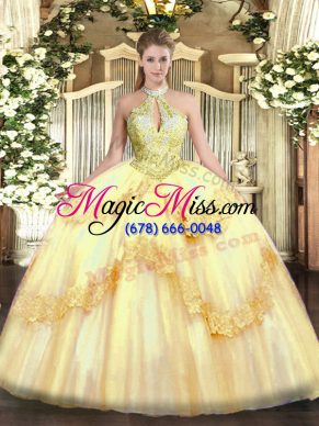 New Style Appliques and Sequins Ball Gown Prom Dress Gold Lace Up Sleeveless Floor Length