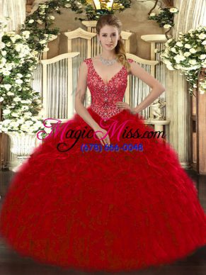 Colorful Wine Red Ball Gowns Beading and Ruffles Sweet 16 Dresses Zipper Organza Sleeveless Floor Length