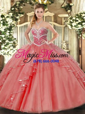 Sleeveless Tulle Floor Length Lace Up Ball Gown Prom Dress in Coral Red with Beading and Ruffles