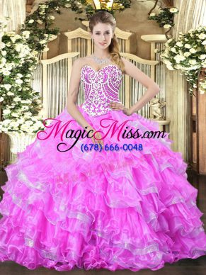 Classical Lilac Ball Gowns Beading and Ruffled Layers Quinceanera Gown Lace Up Organza Sleeveless Floor Length