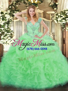Beauteous Apple Green V-neck Neckline Ruffles Ball Gown Prom Dress Sleeveless Lace Up