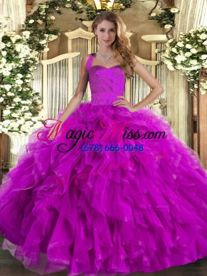 Tulle Halter Top Sleeveless Lace Up Ruffles Quinceanera Gowns in Fuchsia