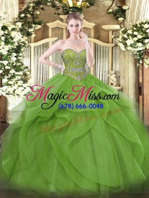 Olive Green Tulle Lace Up Sweetheart Sleeveless Floor Length 15th Birthday Dress Beading and Ruffles